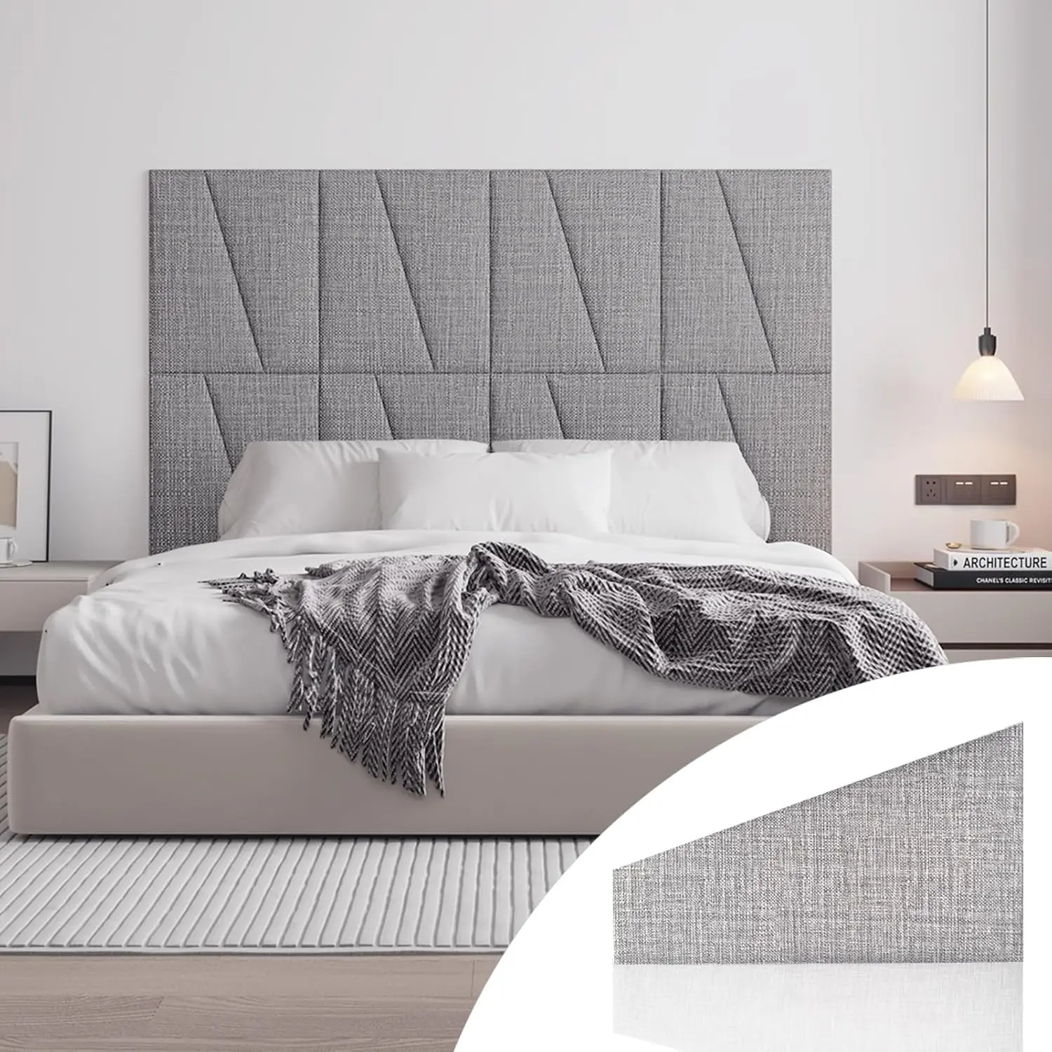 Peel and Stick Headboard for  Bed Linen Fabric Upholstered Wall Mounted Headboard - Wall Padding Panel in Light Grey for Bedroom/Living Room/Dorm (6 Panels)