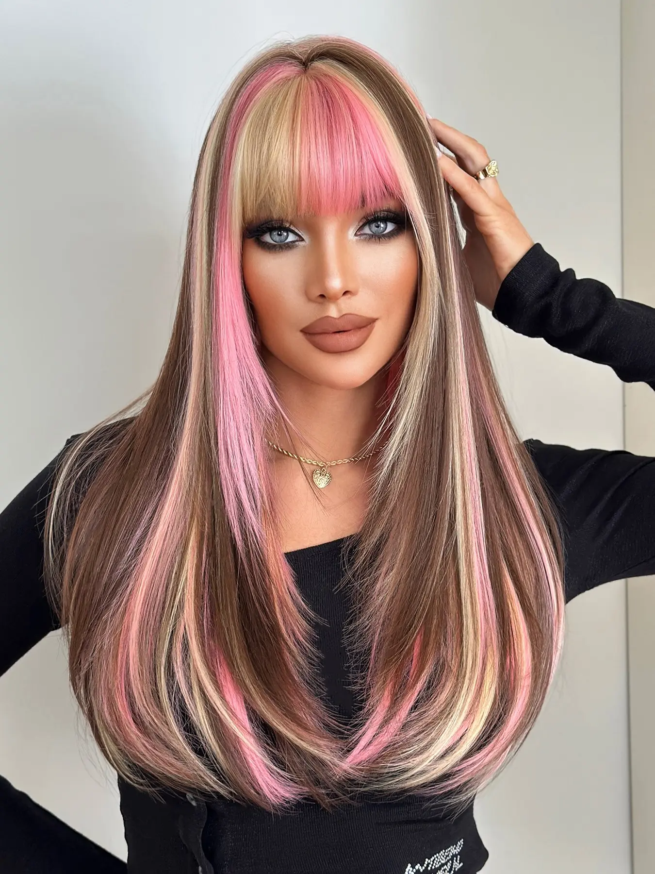 Colorful Highlight Wig with Bangs Long Layered Straight Hair Wigs for Women Natural Looking Synthetic Heat Resistant Fiber Wig for Daily Wear, Halloween Party Cosplay Use 24 Inch Highlighted Synthetic Wig