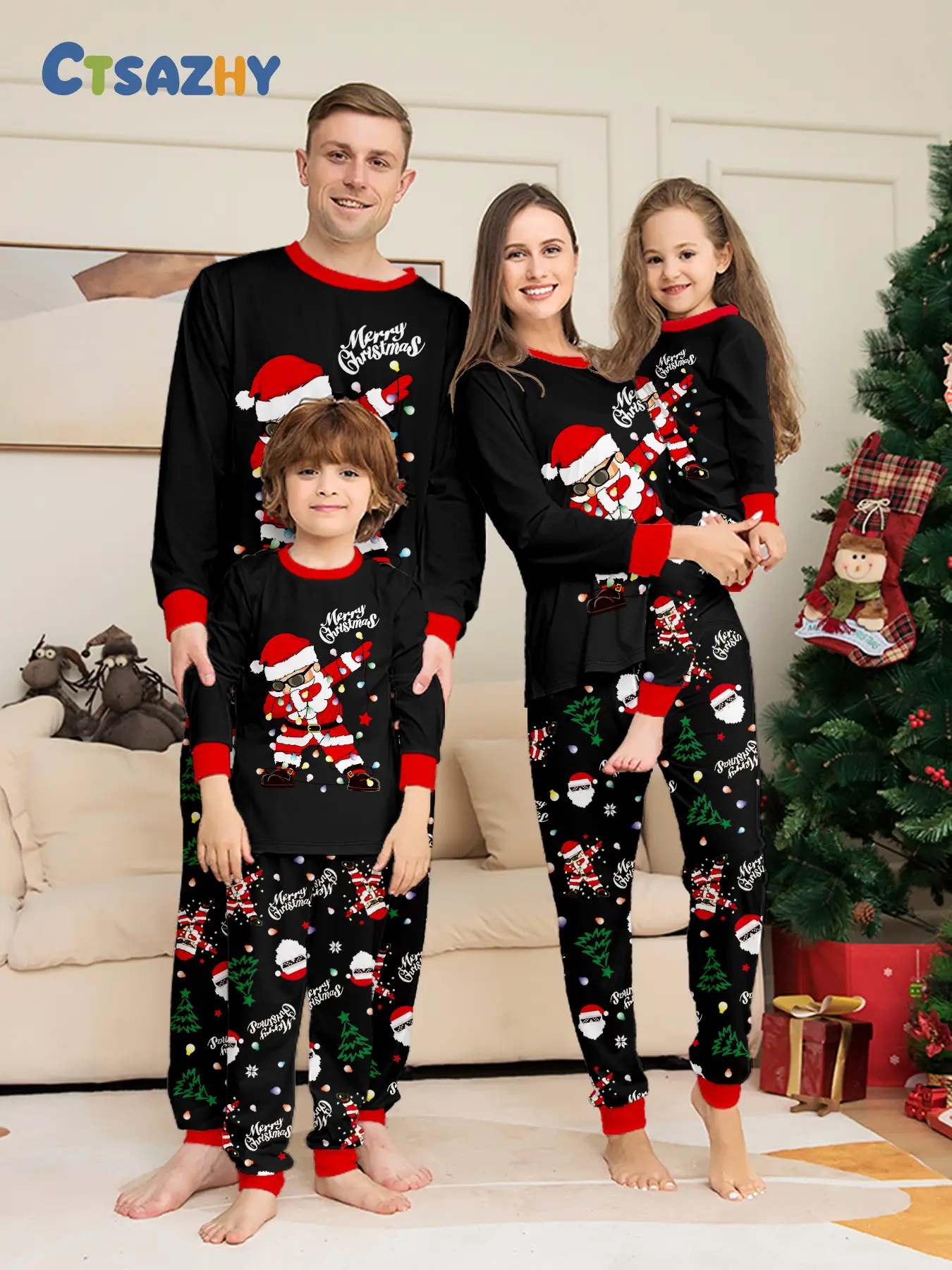 European Style Christmas Print Family Four Matching Long Pajama Two-Piece Set, Hot Sale Festive Outfit