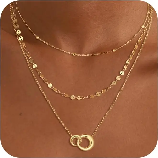 Women's Layered Drop Necklaces Stack Set, Trendy Plated Metal Pendant Necklace with Herringbone Chain Choker, Gift for Her, Gifts For Women