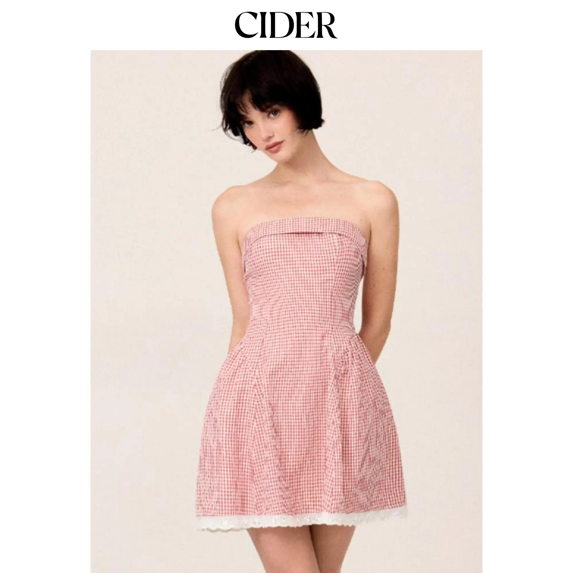 Cider Cotton-blend Gingham Bandeau Bowknot Lace Trim A-line Mini Dress SohoChic