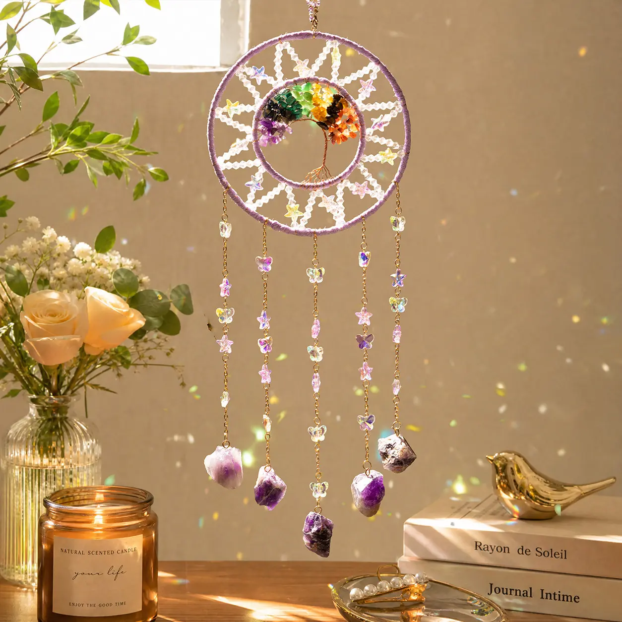 Amethyst Sun Catcher for Window, Dream Catcher Design with Tree of Life Pendant, Sparkly Crystal Star and Butterfly Dangles, Purple Theme Decor
