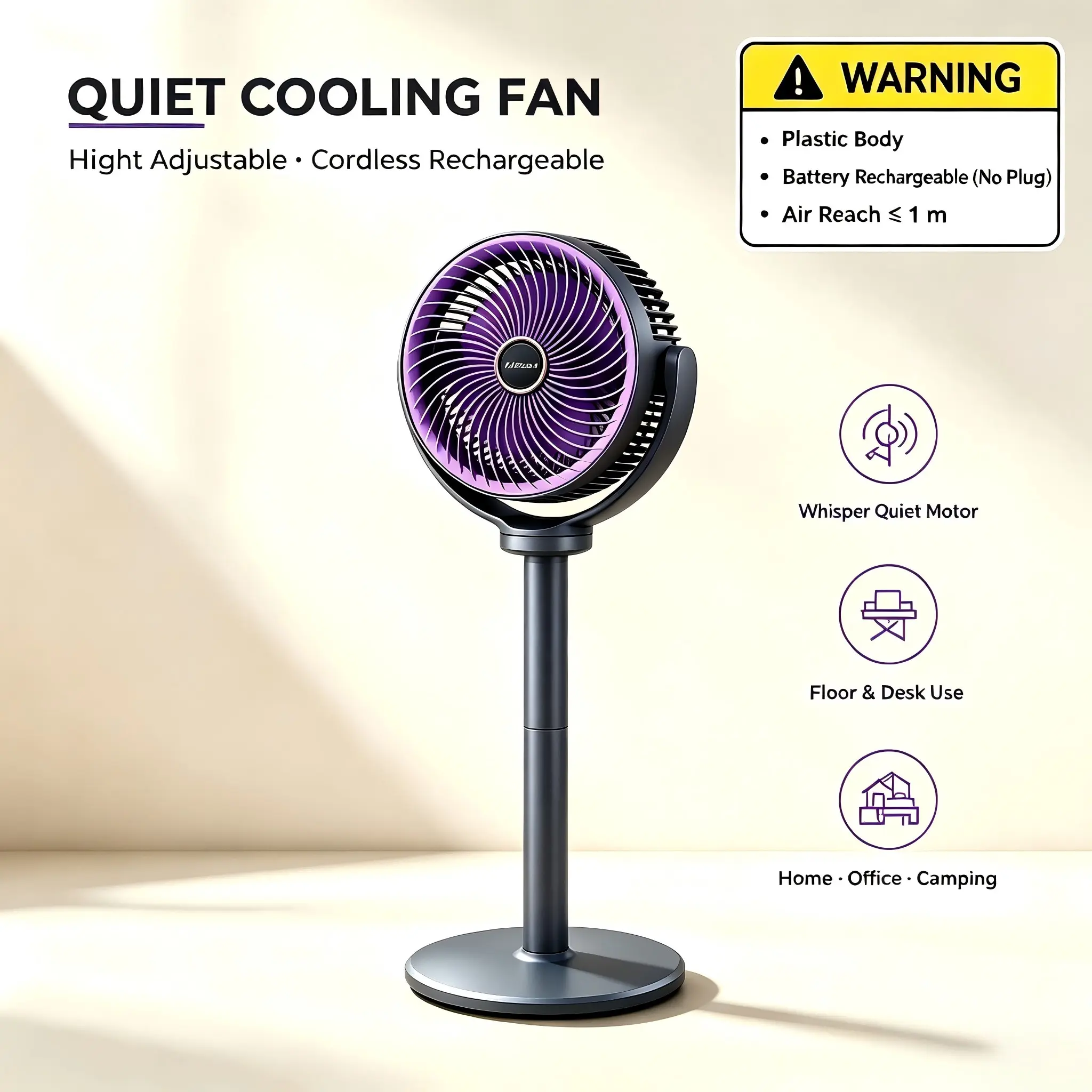 Adjustable Height Fan, Whisper Quiet, Cordless, 5 Speed Settings, Type-C Charging Port, Lithium Battery Powered, Air Circulation Device, Air Circulator, Air Cooling, USB Charging Port, Portable, Modem Fan