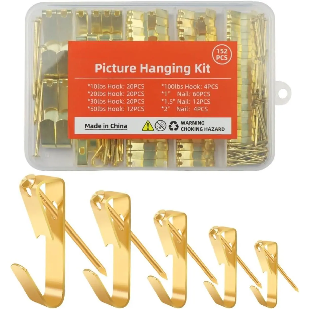 Heavy Duty 152-Count Picture Hanger Kit with Hooks and Nails, 10lb-100lb Weight Capacity for Drywall/Wood Walls, Ideal for Frames, Mirrors