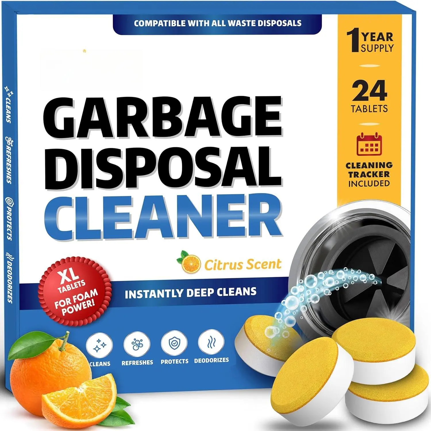 Garbage Disposal Cleaner and Deodorizer Tablets - 24 Pack, XL Citrus Foaming Tablet for Kitchen Sink Freshener, Drain Cleaner & Odor  - 1 Year of Sink Cleaning