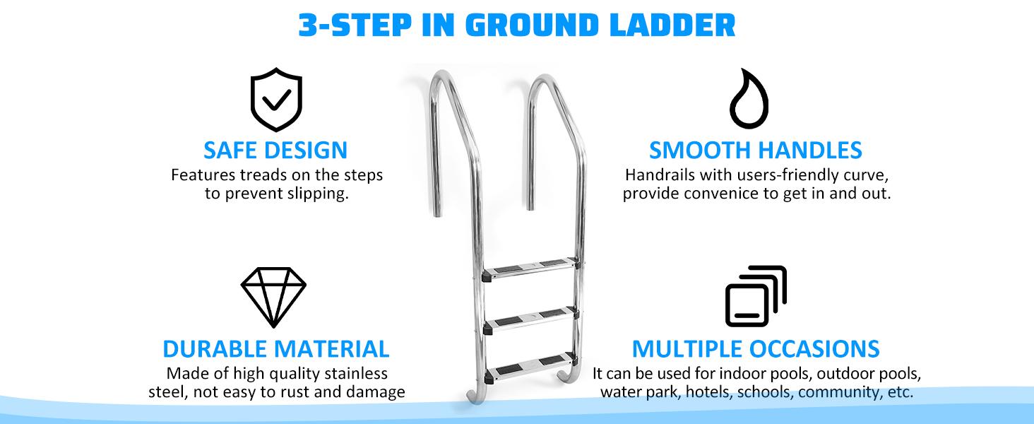 HECASA 3 Step Swimming Pool Ladder with Anti-Slip Pads for Indoor/Outdoor In-Ground Pool 300LBS Capacity Easy to Assemble and Climb 304 Stainless Steel