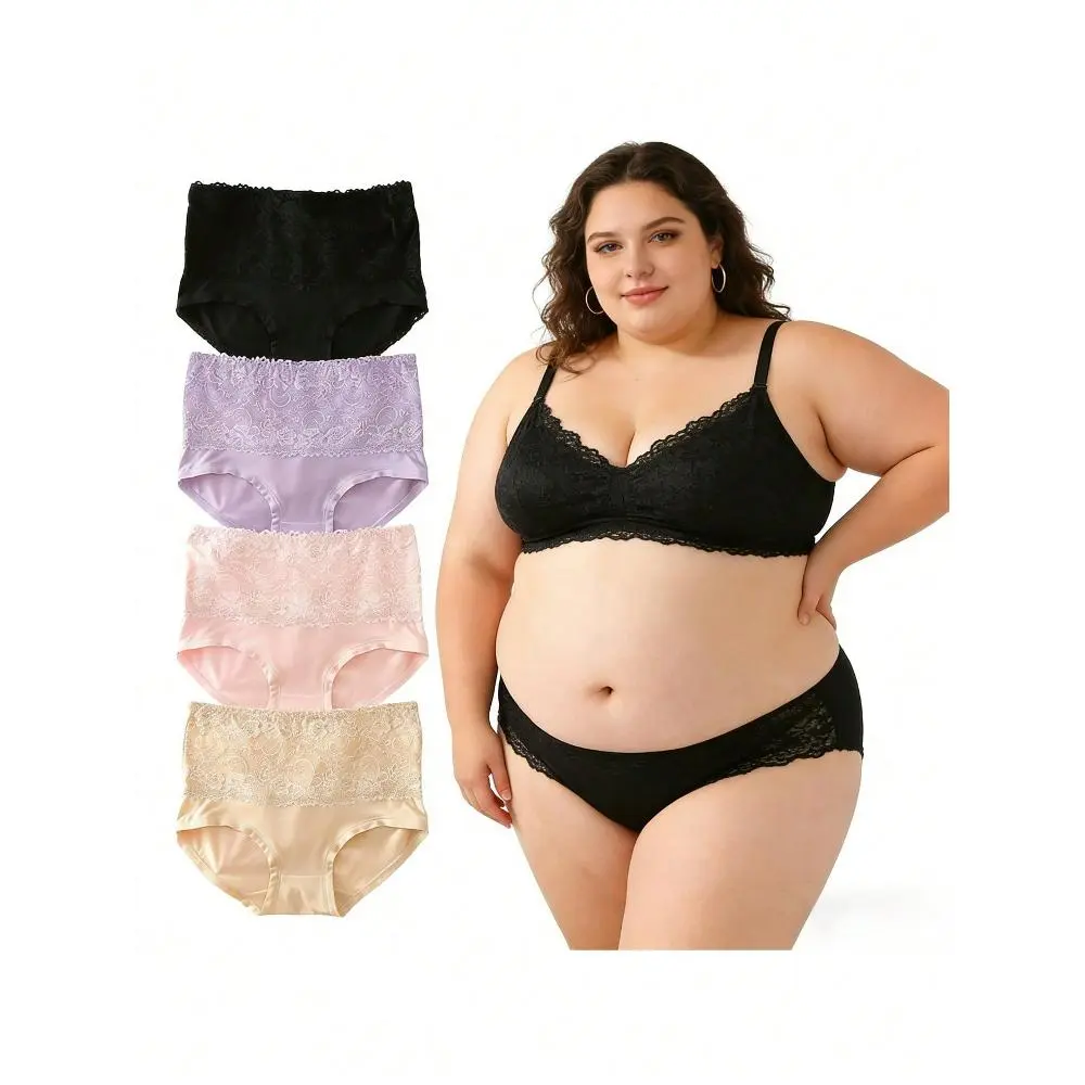 4 pieces, women's plus size lace-trimmed underwear, elegant and comfortable loose briefs, high waist and seamless breathability, 150kg can be worn by middle-aged and elderly women