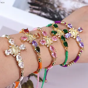 Gold Tone Cross Bracelet Crystal Stones Adjustable Braided Cord Religious Faith Jewelry Lightweight 15-25cm Gift Women Girls Daily Wear Church Special Occasion Trendy Accessory