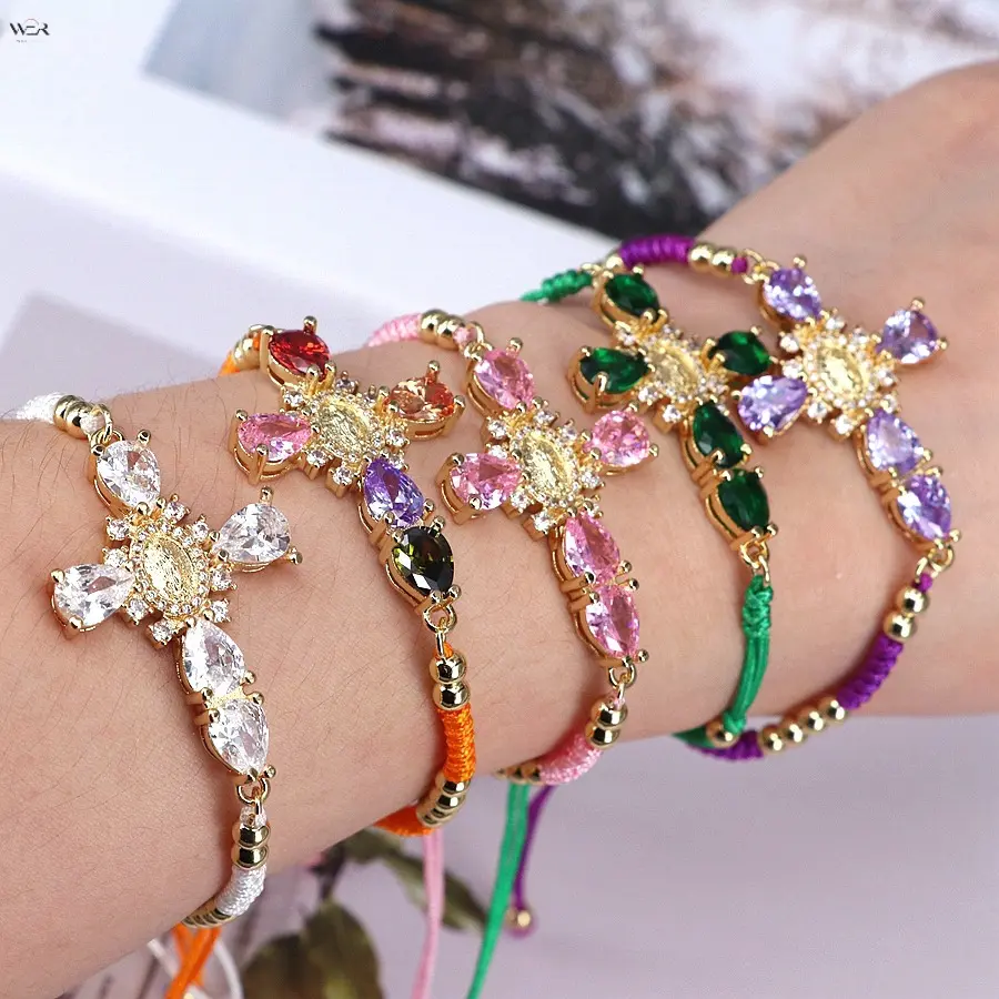 Women's Gold Tone Crystal Cross Bracelet, Adjustable 15-25cm Braided Cord, Lightweight Religious Faith Jewelry, Bracelets for Women, Gift for Daily Wear Church Occasions