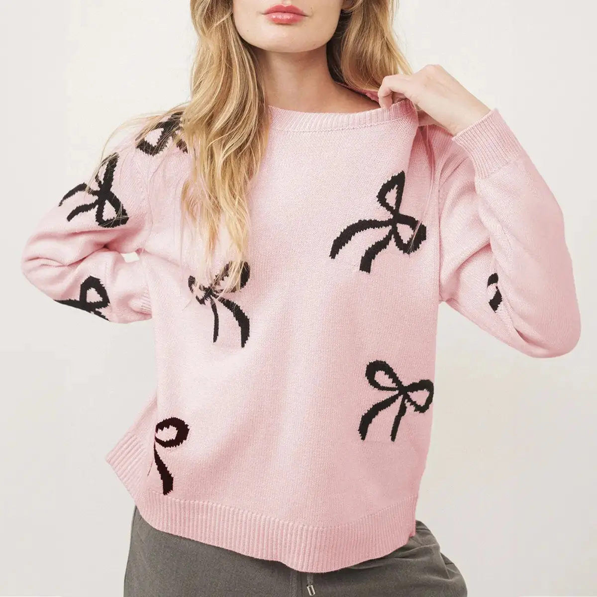 Light Pink Bow Pattern Knitted Loose Fit Sweater Casual Chic