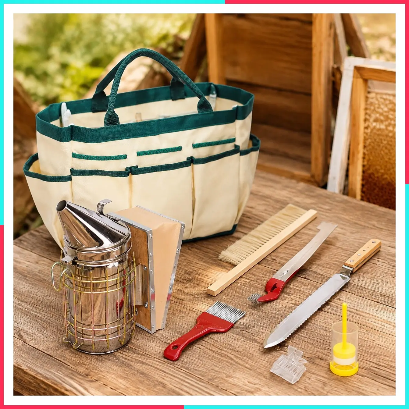 9 Pcs Beekeeping Tools Kit with Organizer Tote, Necessary Beekeeping Supplies Starter Kit Includes Bee Smoker Kit and Beehive Tools