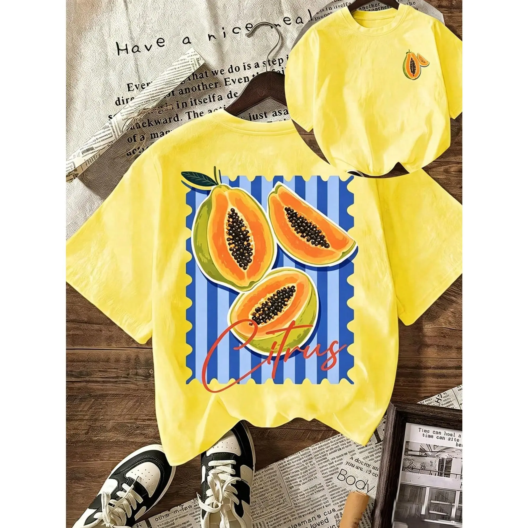 EMERY ROSE Light Yellow Papaya Pattern, Fruit Print Casual Crew Neck Short Sleeve T-Shirt, Suitable For Summer