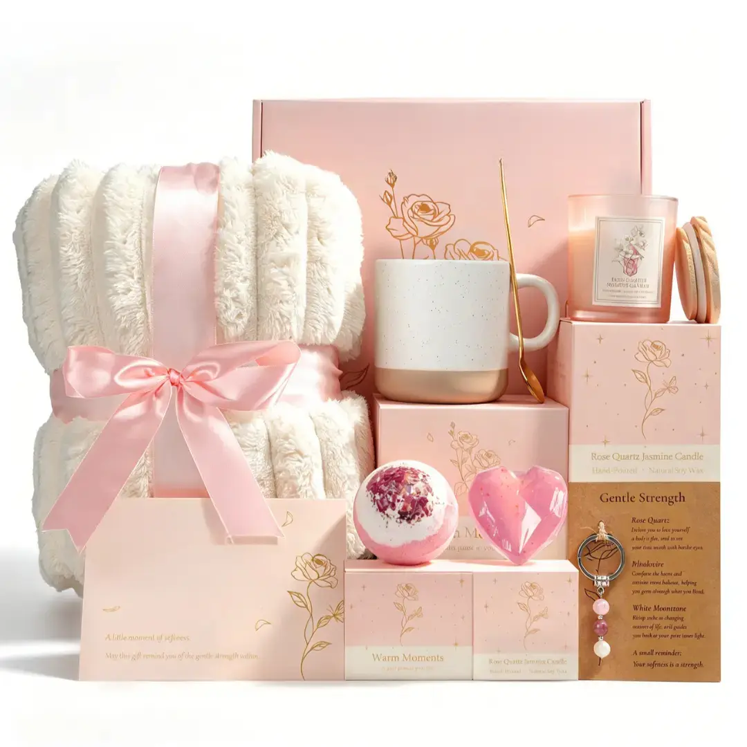 Gift Basket for Women: Self Care Ralaxing Gifts Box Ideas for Bestie Pink SPA Set with Blanket for Her Mom Sister Daughter Mother's Day