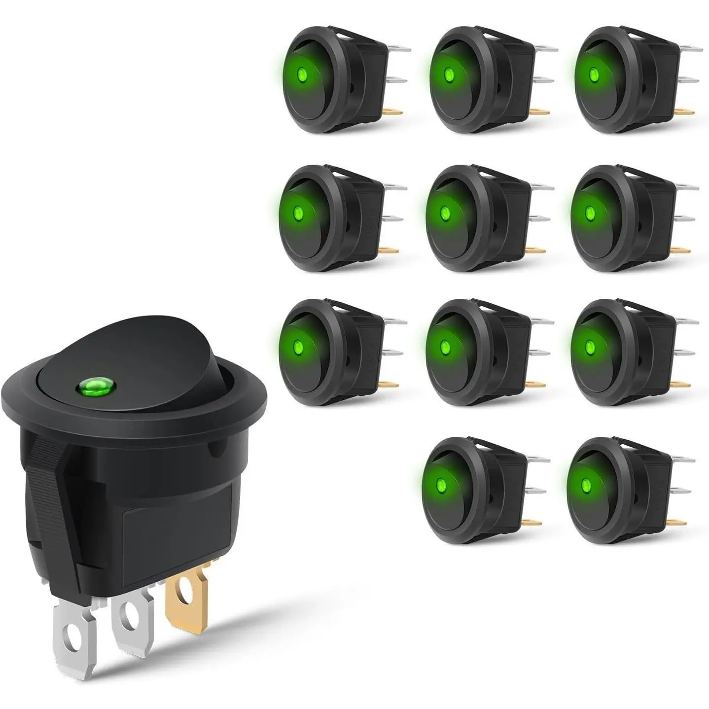 Nilight 12PCS High-Quality Round Shape Rocker Switches - 12-24V 20A Green LED SPST On/Off 3-Pin 2-Position Switches with Brass, Flame-Retardant Casing, Keyhole Slot for Car Installation