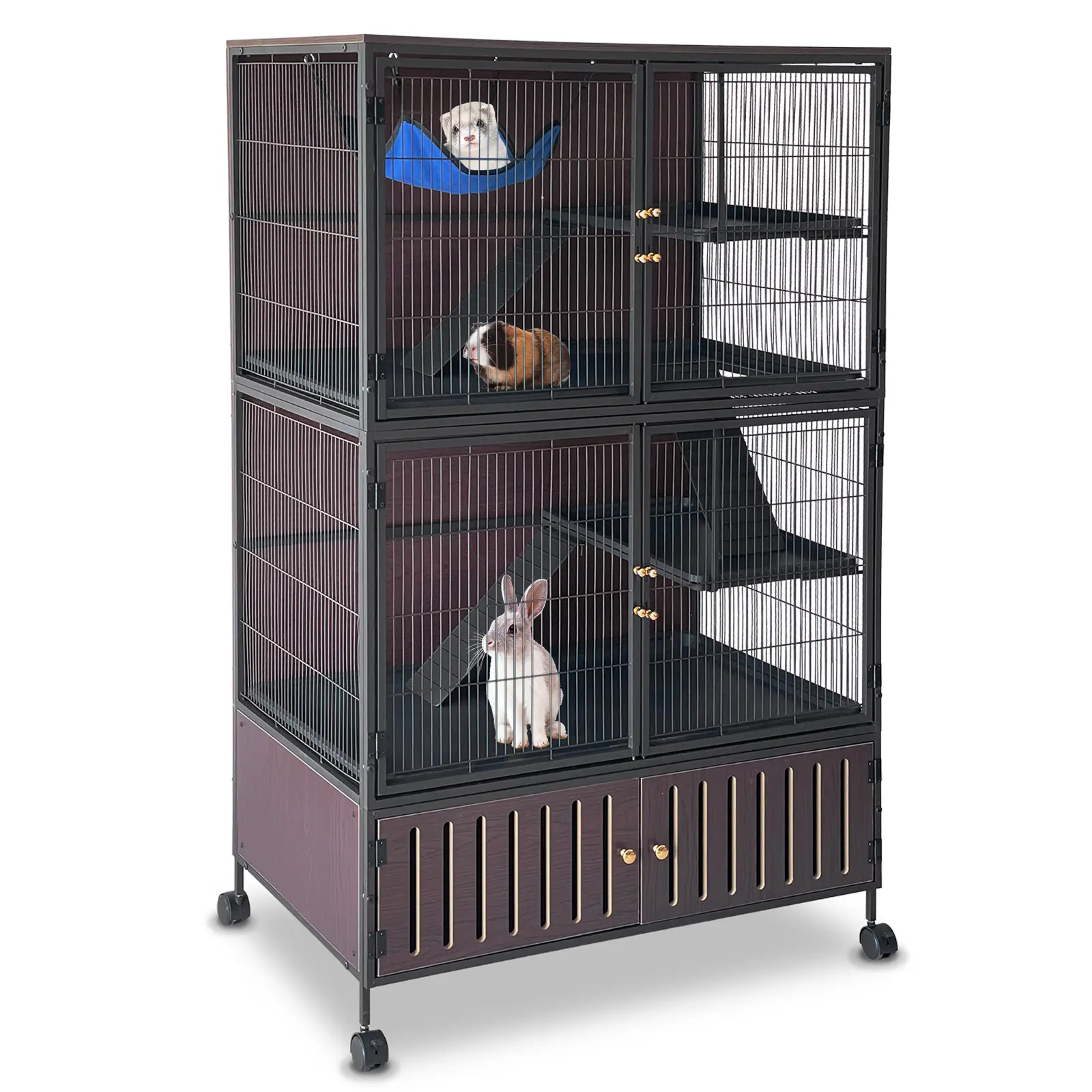 Spacious 5-Tier Metal Small Animal Cage - Multi-Level Habitat with Removable Ramps, Lockable Doors, Hammock & Tray, Rolling Wheels, Ideal for Ferrets, Chinchillas, Guinea Pigs, Rats, Rabbits - Black