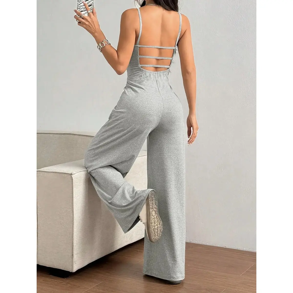 Women's Solid Basic Backless Pleated Spaghetti Strap Cami Overalls Jumpsuit, Casual Fitted Sleeveless Square Neck Wide Leg Jumpsuit for Summer, Women's Jumpsuit for Daily Wear,womens jumpsuit,