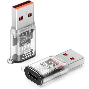 USB to USB C Adapter OTG with 120W  , Type C Female to Type A Male Transparent Adapter for Laptop, MacBook, U Disk, Hard Drive 2-Pack, Transparent