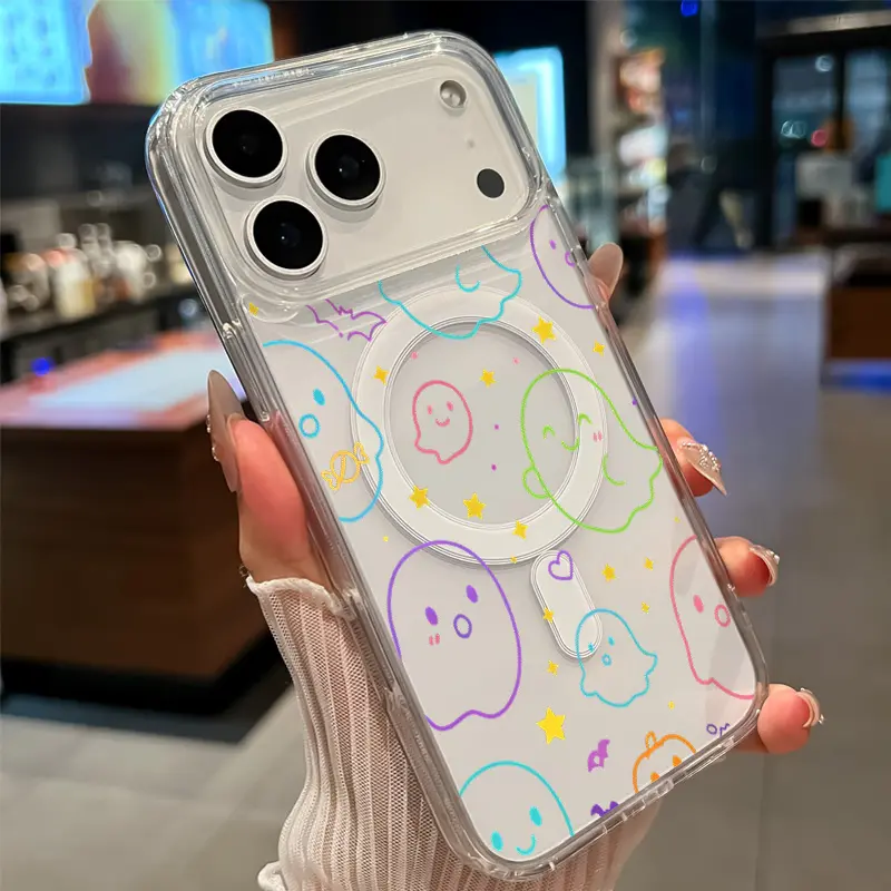 Transparent MagSafe Phone Case for iPhone 17 16  Pro Max Plus 15 14 13 12 11 Air E Whimsical Ghost Galaxy Pattern Acrylic Back Shockproof Air-Guard Corners Hard Shell