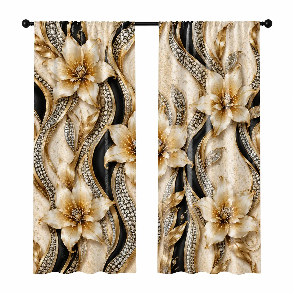 Luxury Golden Lily Rhinestone Printed Curtains 2 Panels, Black Gold Curve Pattern Washable Polyester Window Curtains, Window Drapes