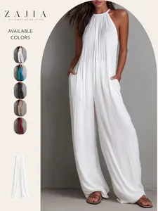 Women's Casual Wide Leg Jumpsuit, Sleeveless Halter Neck, Loose Fit Flowy Romper with Pockets, Lightweight Summer for Beach & Resort