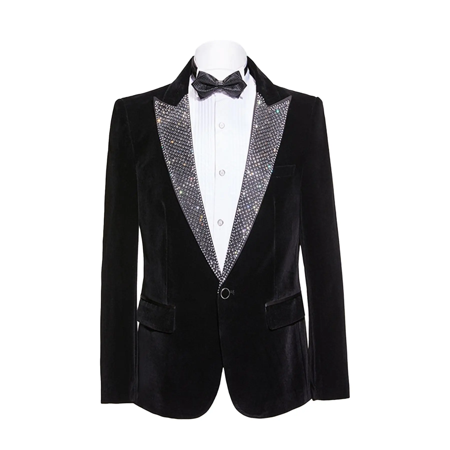 Men's Thick Velvet Suit, 2-Piece Slim Fit Tuxedo Blazer with Rhinestone Lapel for Prom & Graduation, Long Sleeve, Menswear, Matching
