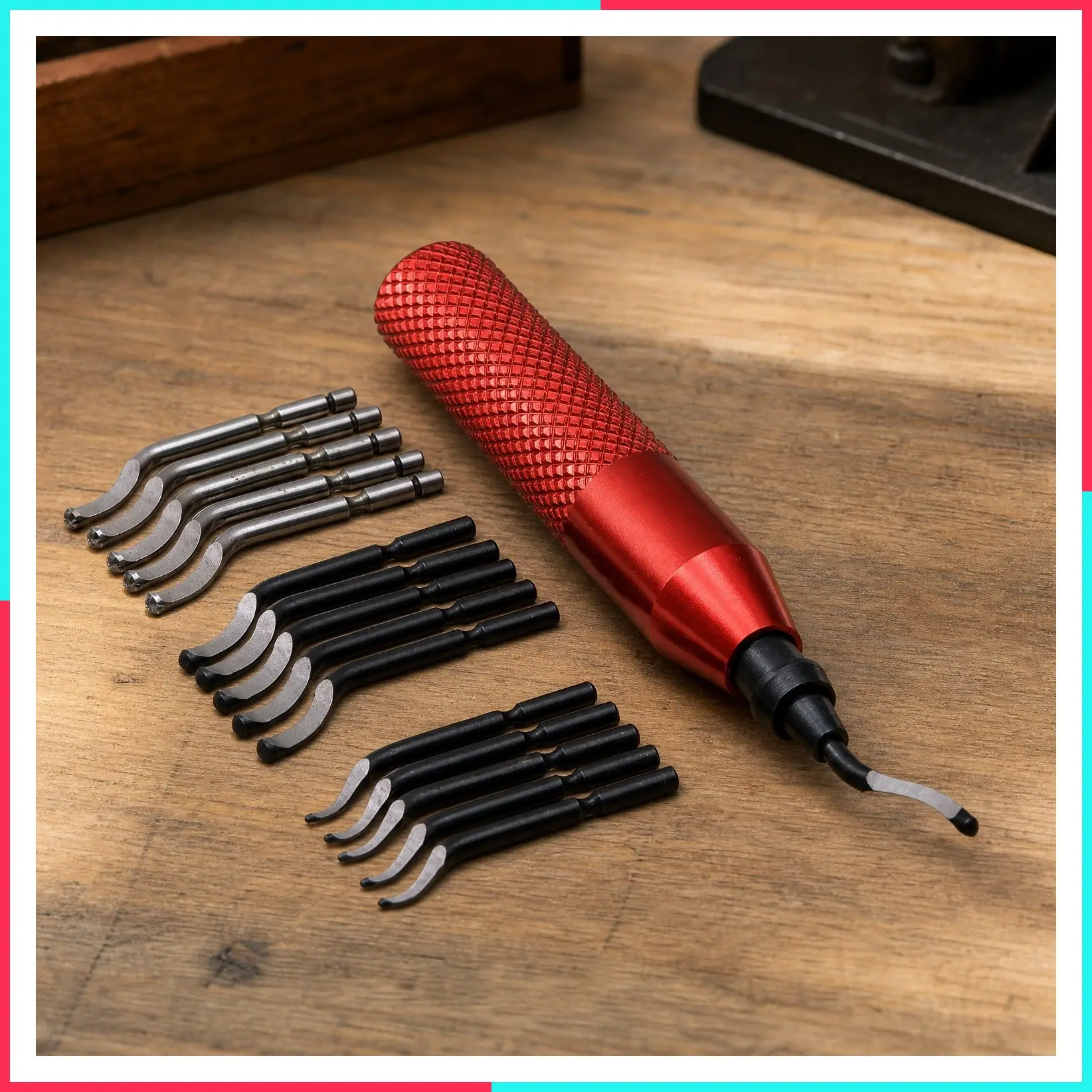 Deburring Tool with 16 HSS Blades, Red CNC Anodized Aluminum Handle, 360-Degree Rotation for Deep and Cross Holes, Fitted Case, Works on 3D Prints, Metal, PVC, Copper, Resin & Plastic