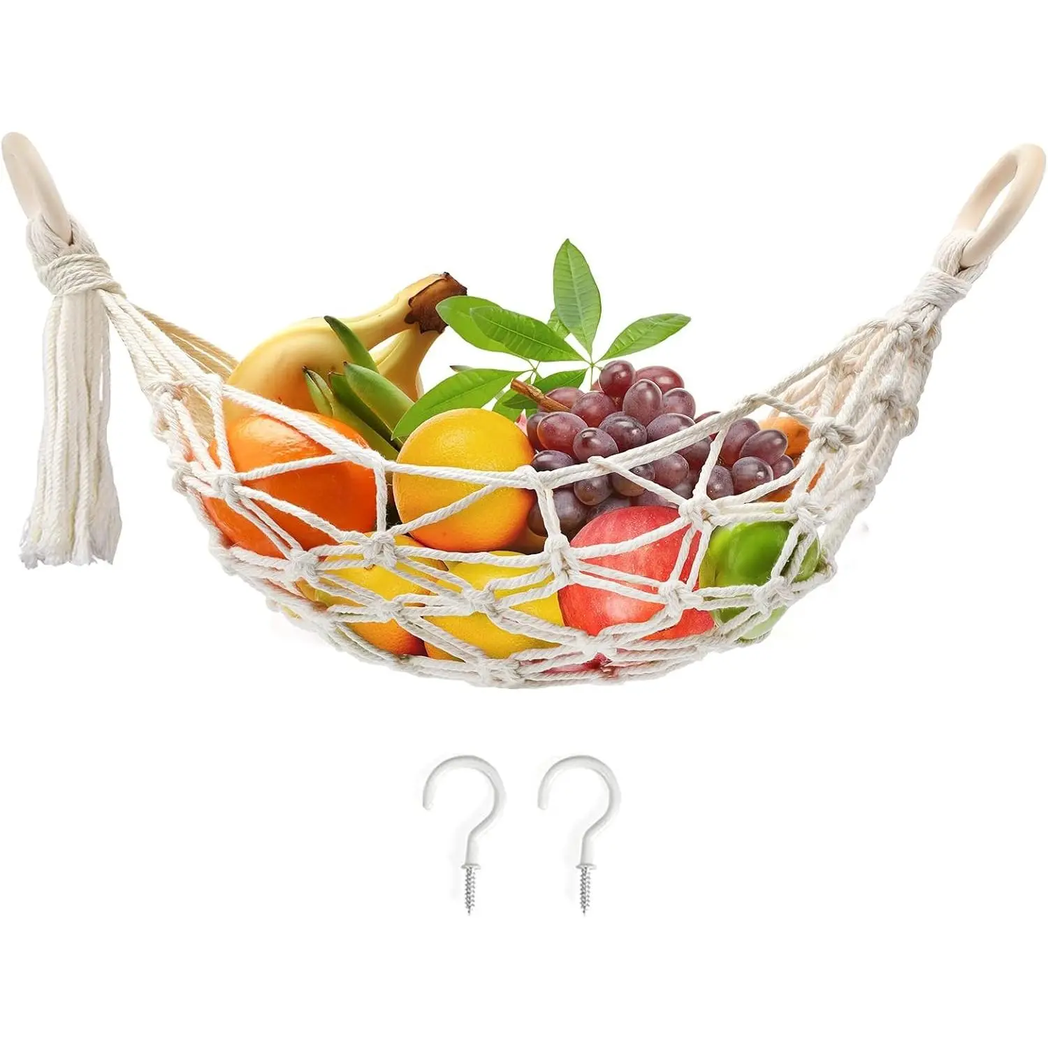Hand-Woven Oval Hanging Fruit Hammock with Hooks, Under Cabinet Banana Storage Basket, Kitchen Décor, Valentine's Gift