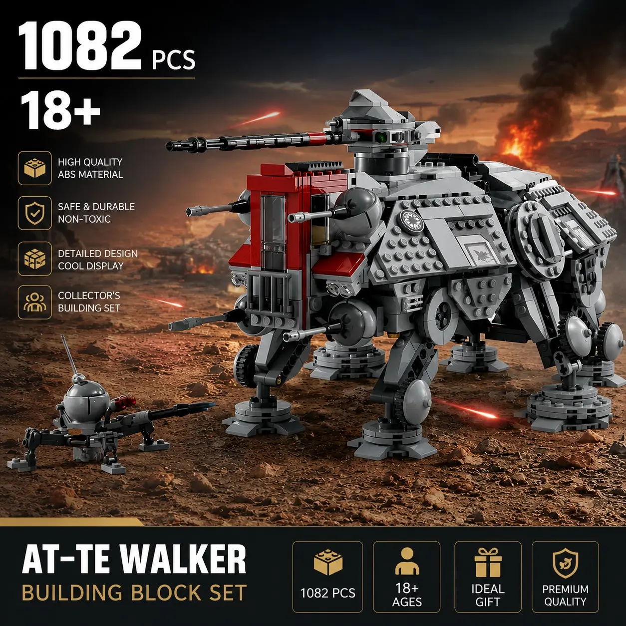 AT-TE Walker Building Block Brick Set Model 1082PCS 18+ Military Sci-Fi Mech Collectible Display Construction Kit for Adults Building Block Sets