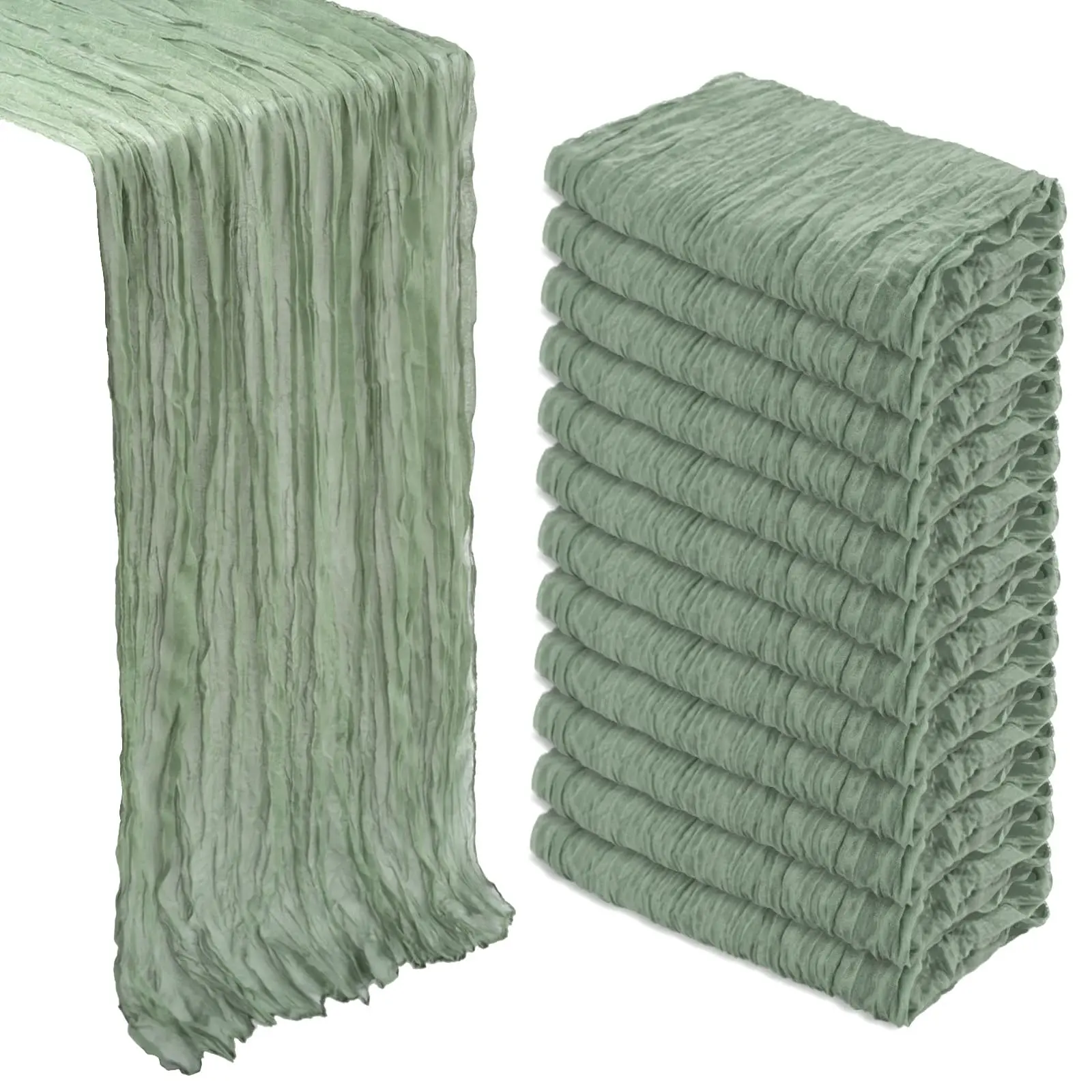 Sage Green Polyester Cheesecloth Table Runner (6/12 Pack, 17x108 in) - Dusty Blue,Burgundy,Light Pink Options, Semi-Sheer Boho Gauze, Pleated, Farmhouse Vibe, Machine Washable, Table Top Use for Wedding,Party Events