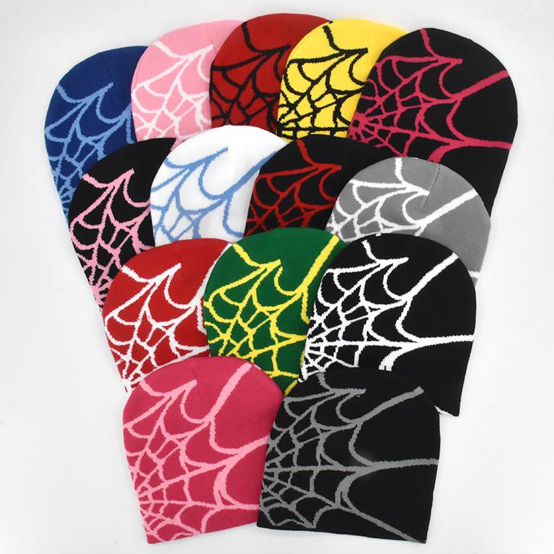 Dark Punk Streetwear Knit Beanie for Men Women, Spider Web Jacquard Design, Y2K Unisex Fall Winter Outdoor Cycling Hat, Warm Thermal Skull Cap for Urban Hip Hop Style