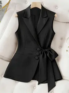 Elegant Formal Blazer Vest for Women, Sleeveless Notched Lapel, Waist Cinch, Side Bow Tie, Three Button, Slim Fit, Office Outerwear