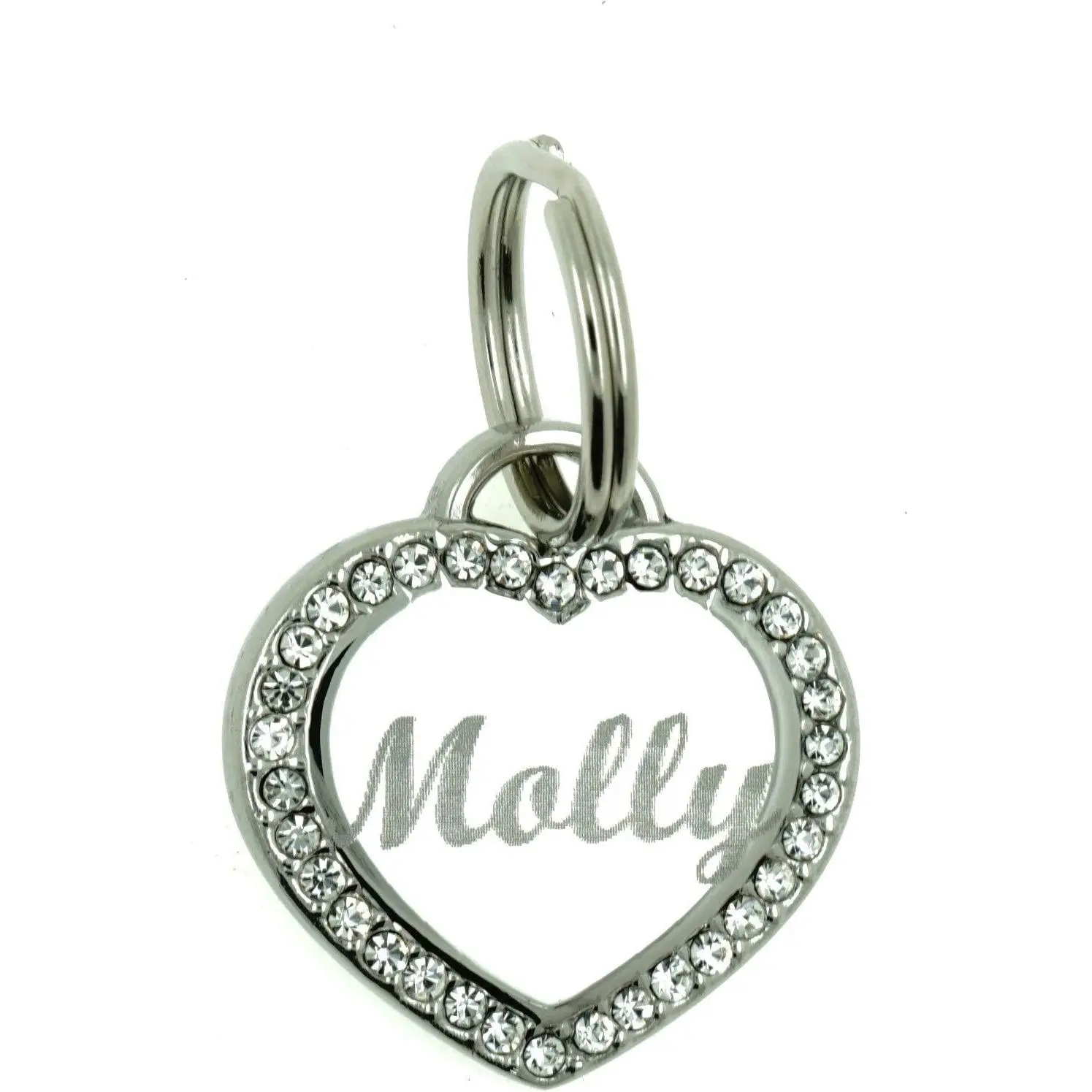 Personalized Engravable Name Pet ID Tag for Dogs & Cats - Stainless Steel Small Heart-Shape Tag with Rhinestone Trim, Custom Bling Pet Jewelry