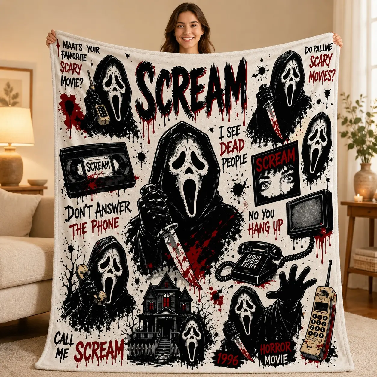 Scream Ghostface Horror Collage Flannel Blanket, Vintage Grunge Design, Perfect for Halloween, Gothic Room Decor, Scary Film Lovers Gift, Graphic Blankets