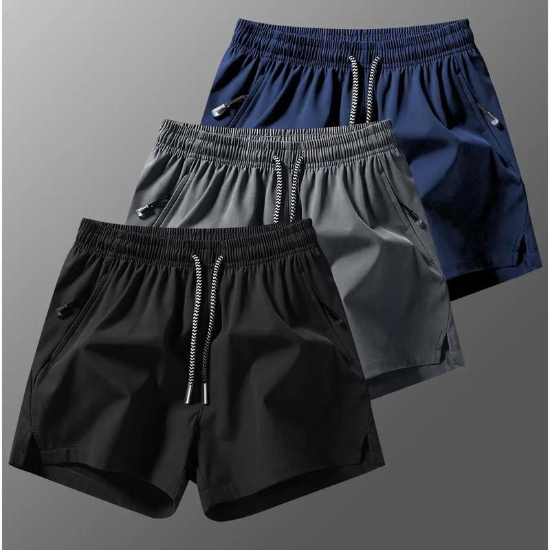 3PCS Men's Plain Fashion Sports Shorts with Drawstring and Zipper Pockets, Suitable for Summer Training, Daily Wear, Elastic Drawstring Waistband with Zipper Pockets, Lightweight and Breathable Summer Workout Pants for Outdoor Activities and Casual Wear