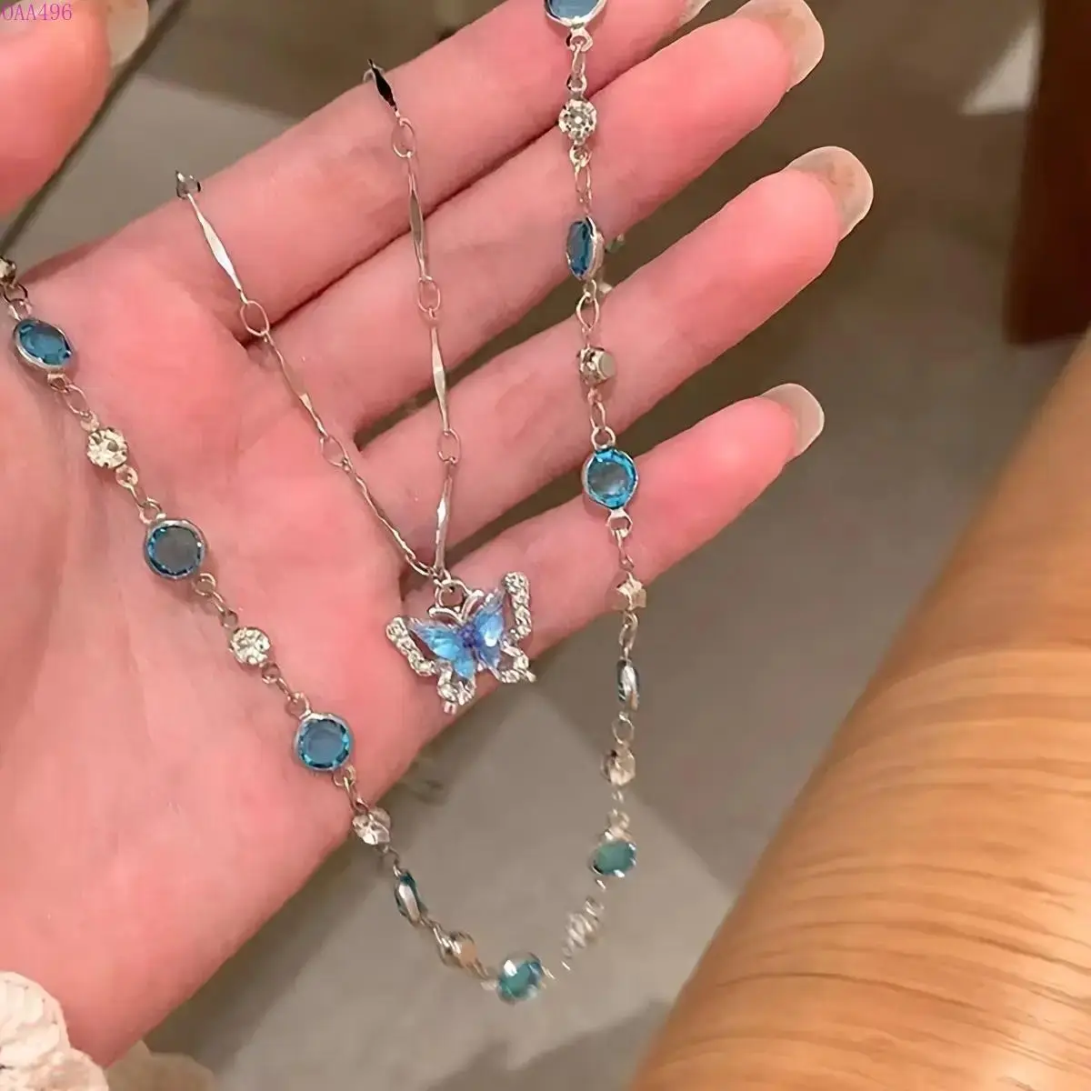 Women's DIY Bag Accessory 2-Piece Alloy Butterfly Pendant Necklaces - Blue Artificial Rhinestones-Inlaid, Double-Layer Design, Adding a Touch of Elegance, Sparkling, Ideal for Valentine's Day Holidays, Stylish Gift