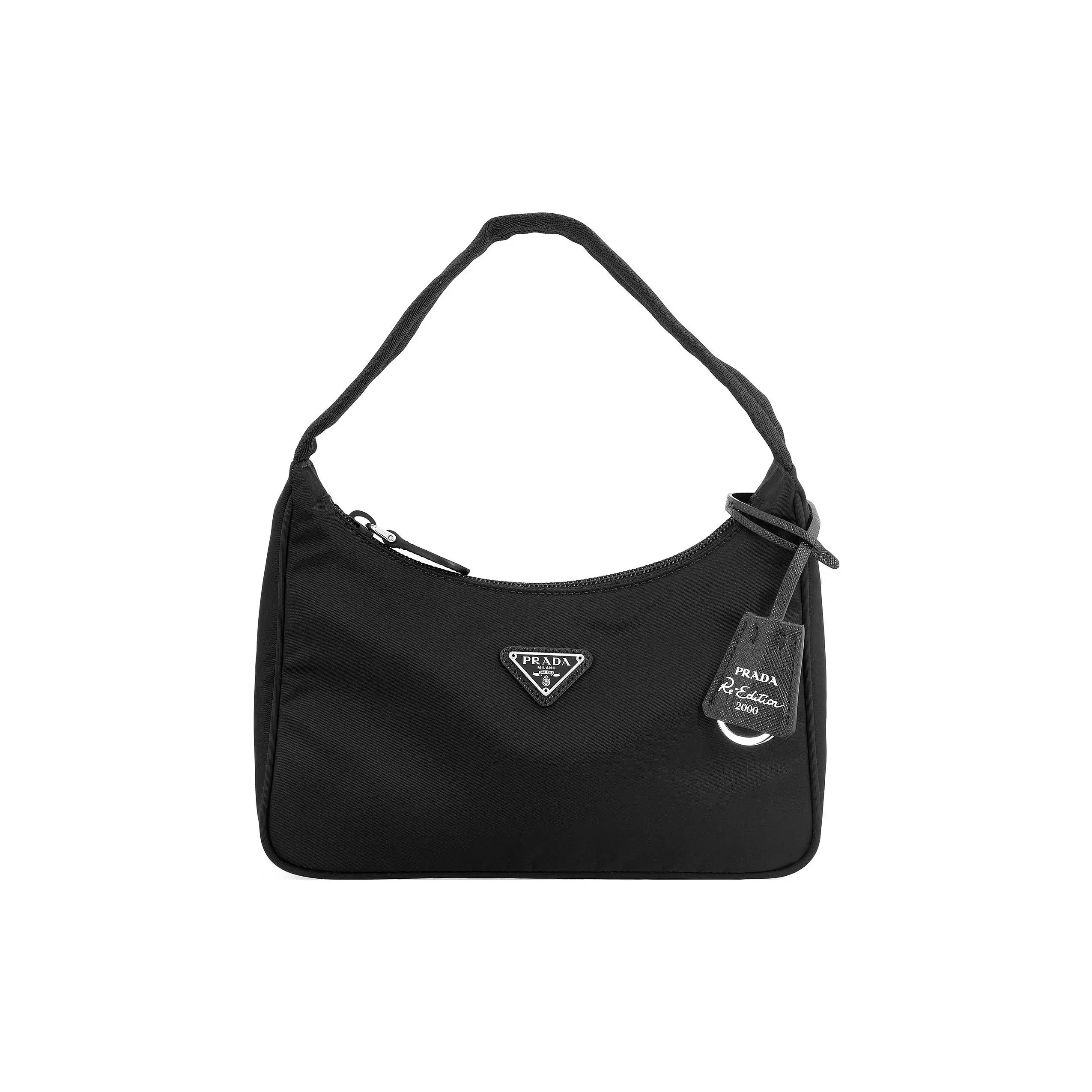 Prada Re-Edition 2000 Hobo Bag for Women – Classic Silver-Tone Triangle Logo Zip Closure, Recycled Nylon, Mini Shoulder Bag in Black