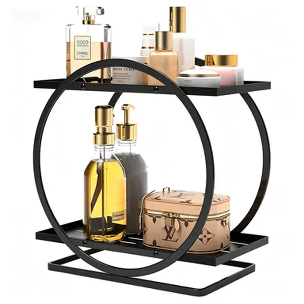 Black Gold 2-Tier Perfume Shelf Organizer - Simple Assembly Home Supplies Tiered Shelf for Dresser Vanity, Organize Scents & Cosmetics, Maximize Space Efficiency, Ideal Gift for Perfume Lovers, Multi-Layer Shelf, Round Storage Cosmetic Organisers