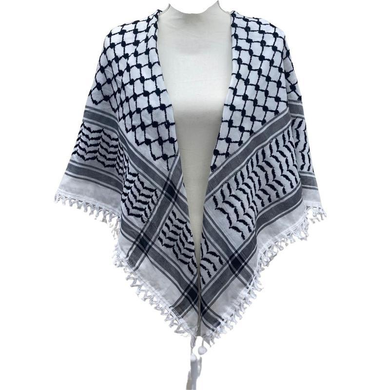 Authentic Palestinian Kuffiyeh Cotton Scarf with Sharshoba Embroidery Fringe Trim 47x47 Inches Handmade Fashion Accessory Machine Washable