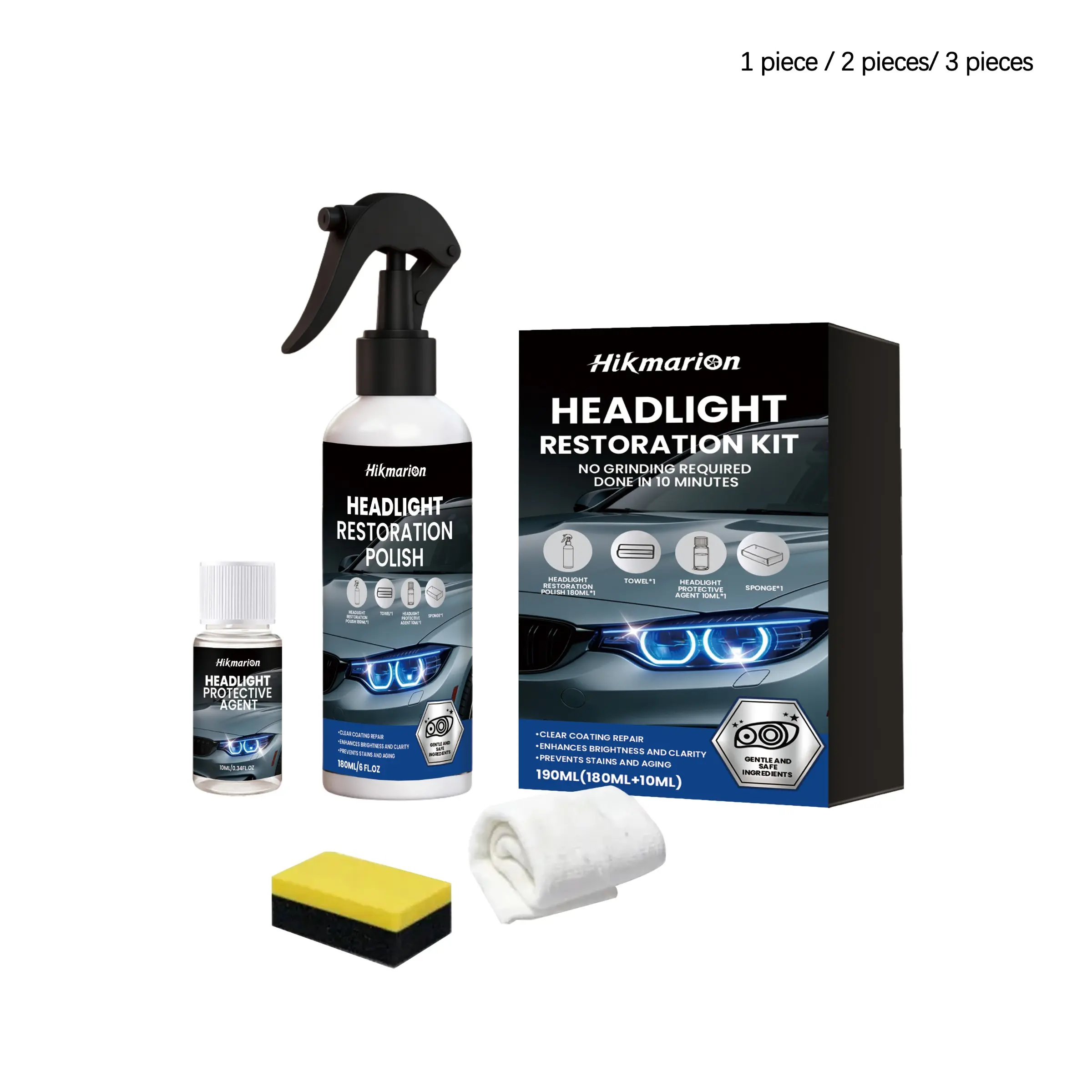 Car Headlight Polishing Kit, Includes Polisher 100ML, Protector 10ML, Towel, Sponge, Clean and Brighten, Easy Maintenance, Polishing Agent