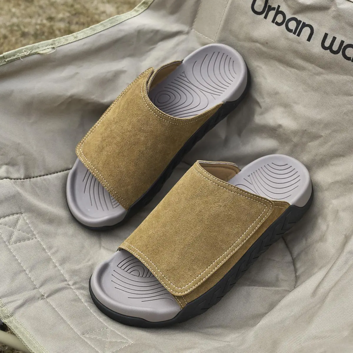 Men's Suede Velcro Slides - Minimalist Anti-Slip Slippers Shoe, Breathable All-Seasons Casual Footwear for Beach, Street