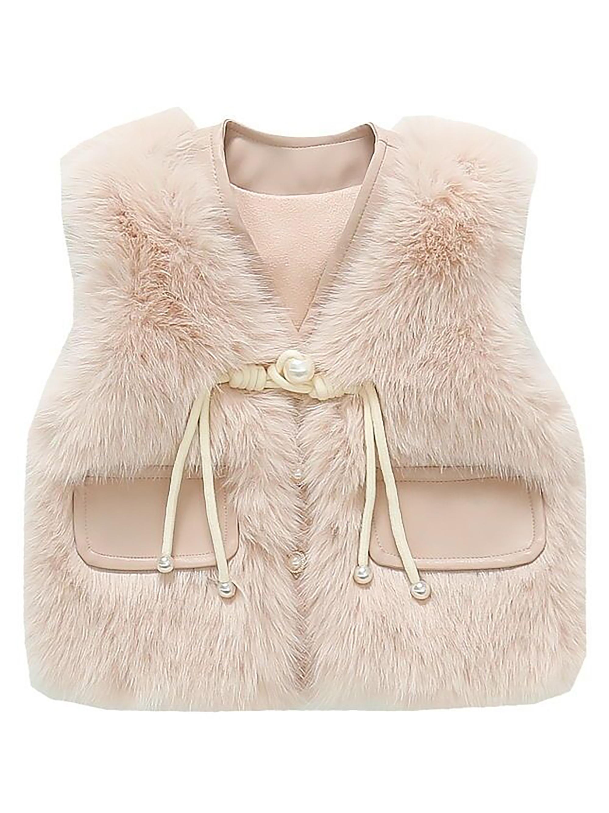 Girls' Thickened Winter Vest Jacket - Soft Pink Plush & Zipper Closure, Cozy Polyester Sleeveless Coat with Ruffled Collar & Waist Tie, Casual Elegant Outerwear for & Little Girls (Spring/Autumn) - Easy-Care Durable Design