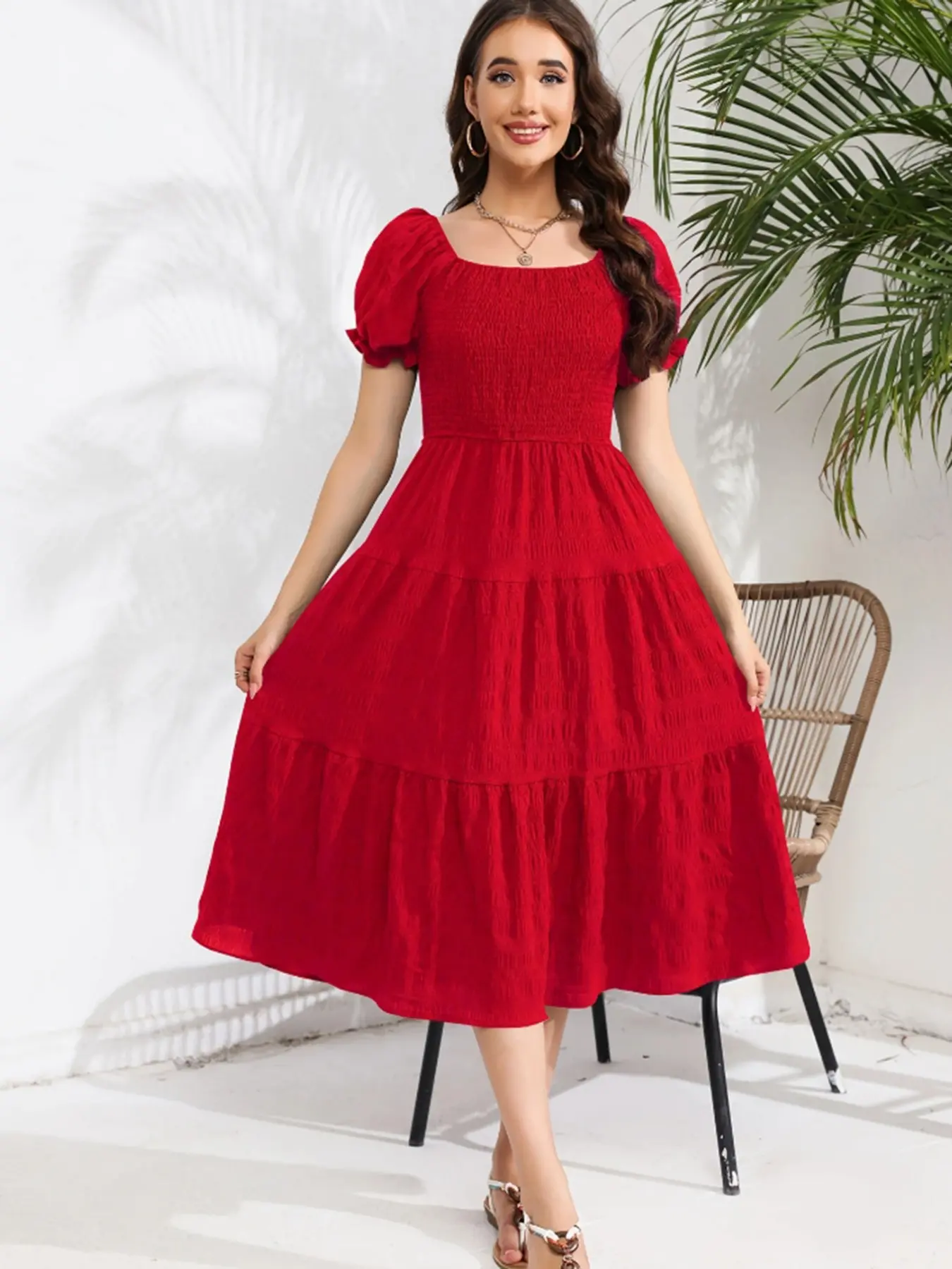 Solid Color Women's Two-In-One Dress, Layered Hem, Square Neckline, Versatile, Casual and Stylish Design, Perfect for Daily Wear, Comfortable and Chic Choice