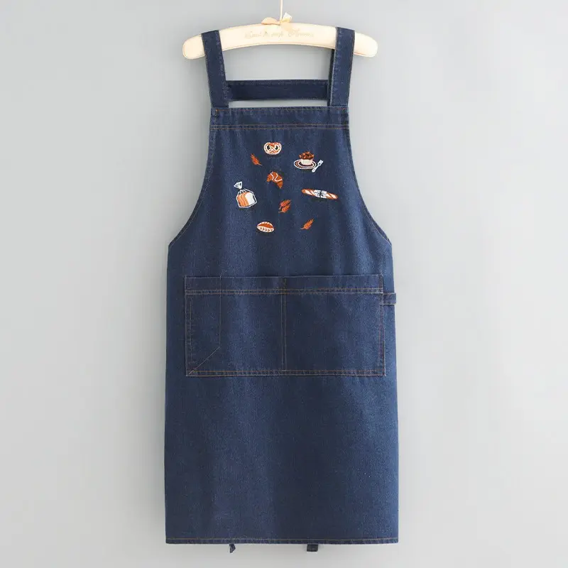 Denim Embroidered Apron for Kitchen, Home Cooking, Korean Style, Women's Stain-Resistant, Duraable Workwear, Restaurant Baking Special Use
