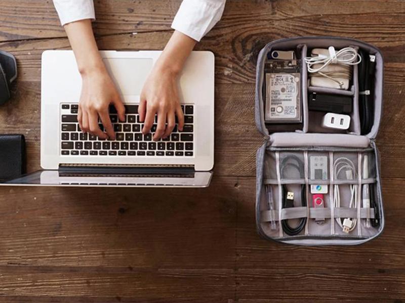 Electronic Accessories Organizer, Portable Travel Cable Storage Bag Tech Pouch with Adjustable Compartments Water-Resistant Handbag for Smart Device Cords Chargers Hard Drives Gadgets