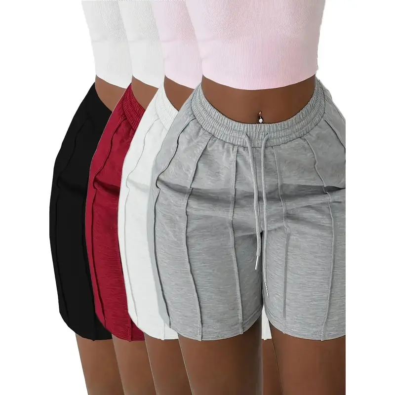 (New)4-Pack Women'S Casual Elastic Waist Drawstring Shorts with Side Pockets - Solid Color Lounge Shorts for Spring Summer Fall, Machine Washable (Black/White/Red/Grey), Seasonal Clothing, Modern Design, Comfortable Fit