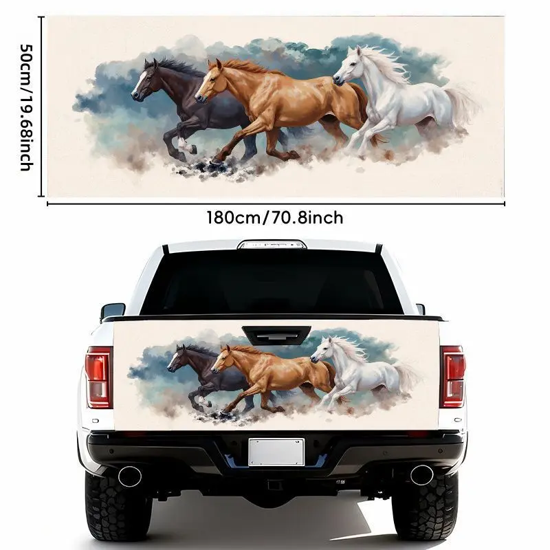 1pc 19.69*70.87inch 2D Dynamic Galloping Horse Car Sticker- Dark Brown/Black White Mane Golden Brown Pure White Horse Light Background- Waterproof Self-Adhesive Tailgate Bumper Sticker- Strong Weather Resistance Easy to Apply and Remove Suitable
