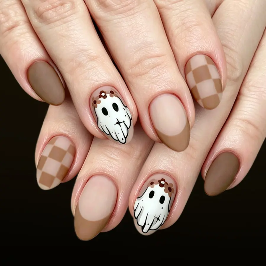 24pcs Short Oval Matte French Tips Halloween Nails, Reusable Press-On Nails, Nails Press Ons, Ghost Flower Design, Suitable for Women and Girls