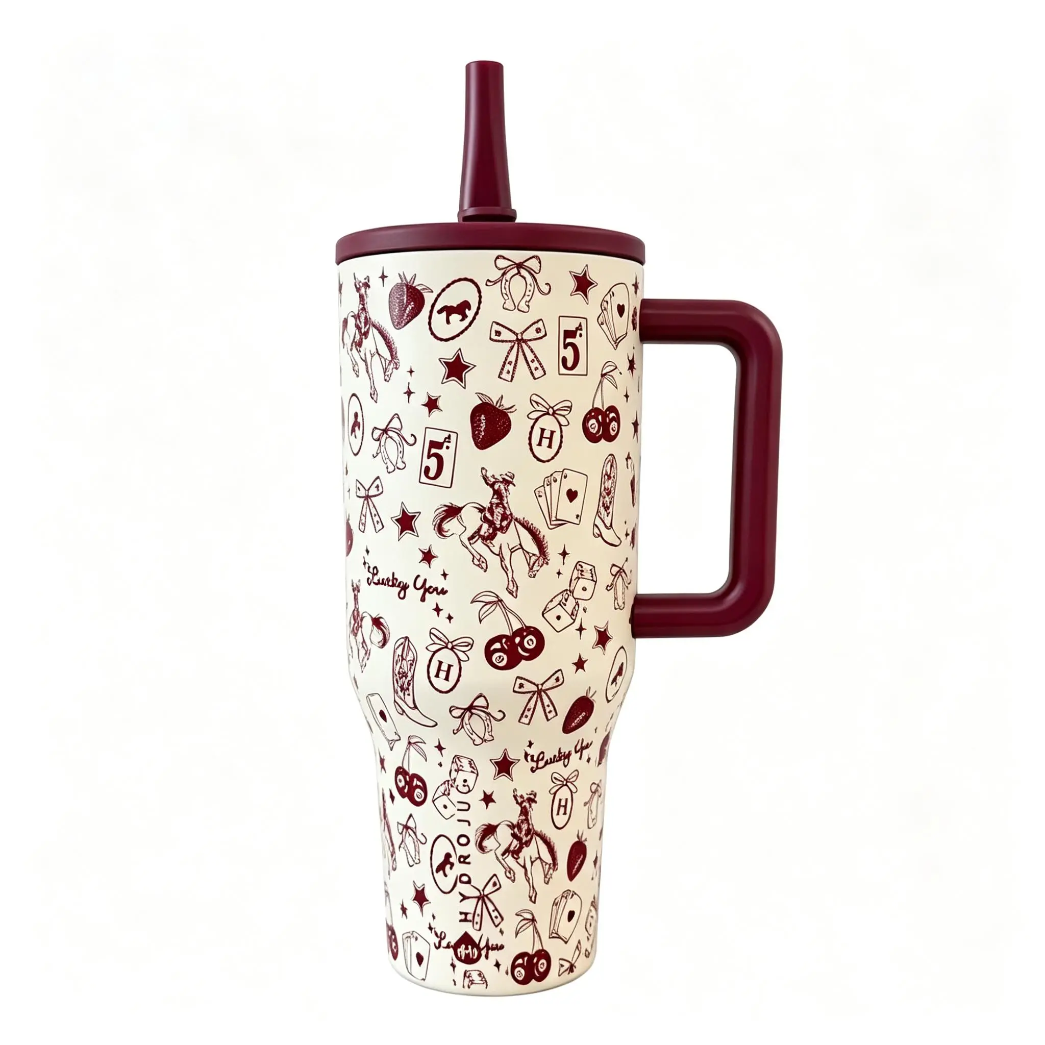 HydroJug 40oz Insulated Stainless Steel Tumbler Lucky Western Cowgirl Charm Print Cream Base Burgundy Maroon Handle Lid & Straw 18/8 Food Grade Steel Leak Proof Twist Lid Keeps Cold 24 Hours Cup Holder Friendly Non-Slip Rubber Base BPA Free Large Hydratio