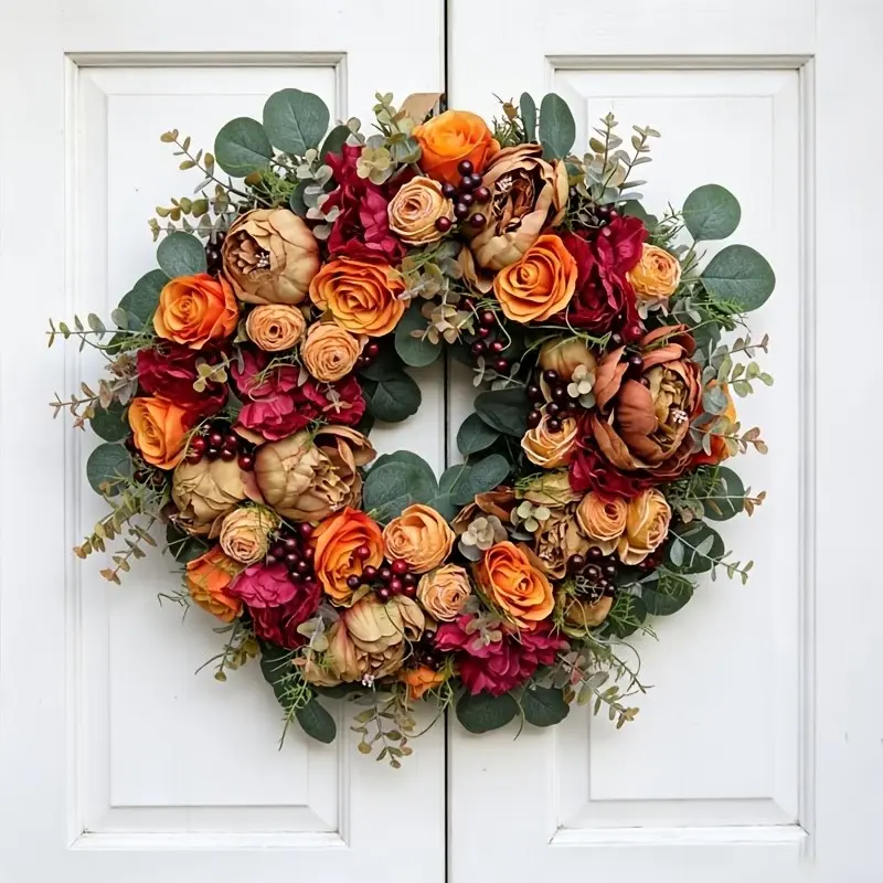 18-Inch Peony Rose Eucalyptus Fall Wreath, Floral Wreath, Complete Round Harvest Theme Front Door Wreath, Farmhouse Style Thanksgiving Wall Decor