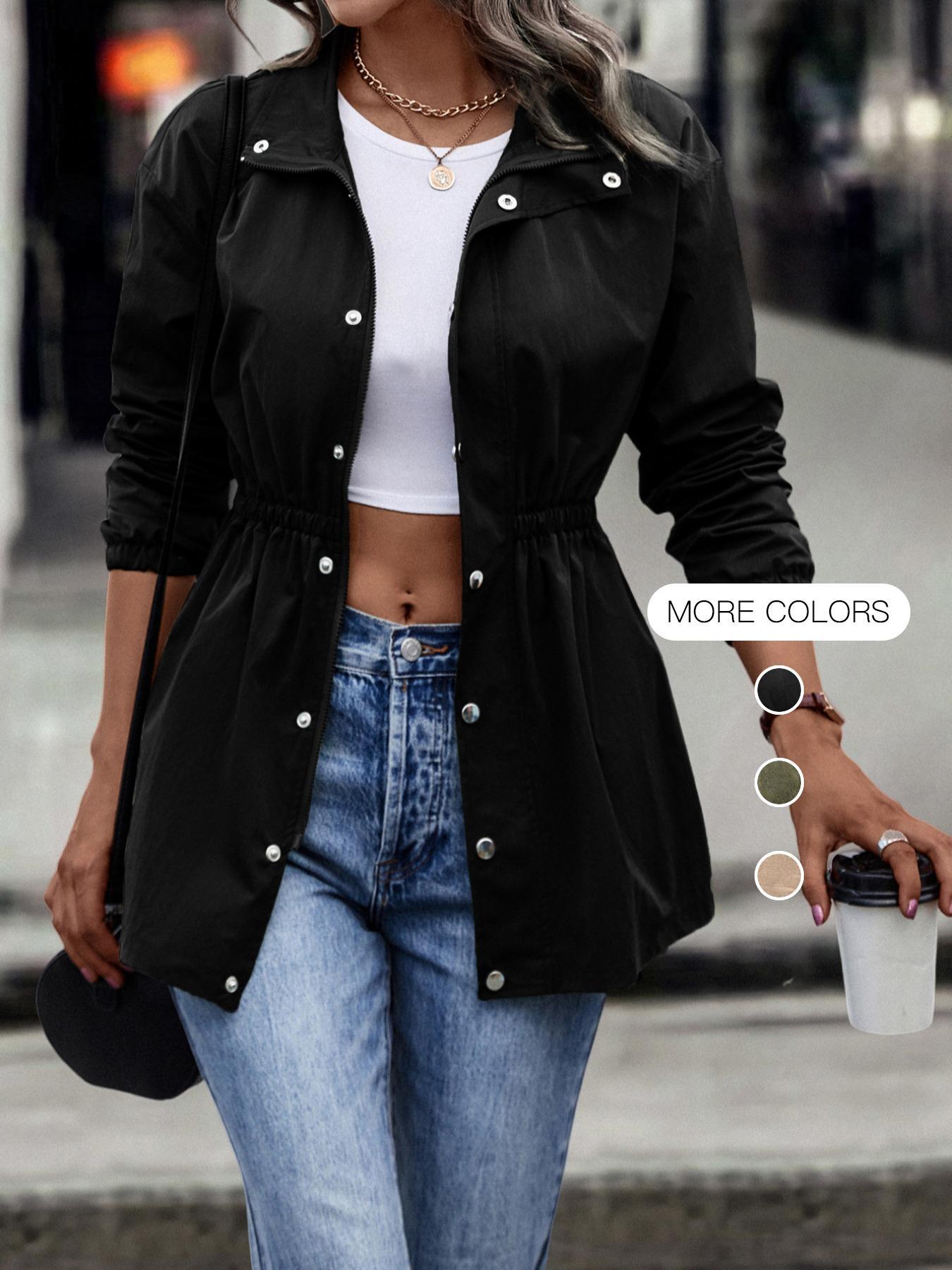 Women's Solid Woven Fabric Fitted Button Front Collar Jacket Coats, Casual Long Sleeve Outerwear for Spring & Fall, Ladies Clothes for Daily & Everyday Wear, Womenswear